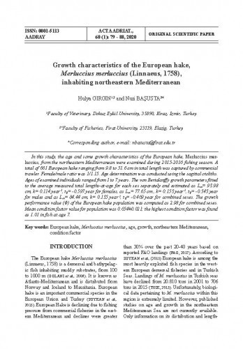 Growth characteristics of the European hake, Merluccius merluccius (Linnaeus, 1758), inhabiting northeastern Mediterranean / Hulya Girgin, Nuri Başusta.