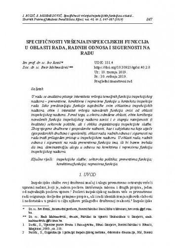 Specifičnosti vršenja inspekcijskih funkcija u oblasti rada, radnih odnosa i sigurnosti na radu / Ivo Rozić, Emir Mehmedović.