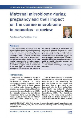 Maternal microbiome during pregnancy and their impact on the canine microbiome in neonates : a review / Maja Zakošek Pipan, Janko Mrkun.