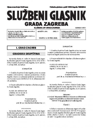 Službeni glasnik grada Zagreba : 64,11(2020) / glavna urednica Mirjana Lichtner Kristić.