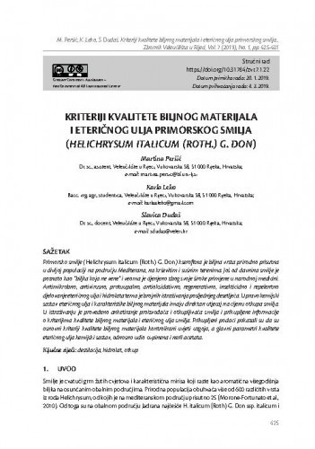 Kriteriji kvalitete biljnog materijala i eteričnog ulja primorskog smilja (Helichrysum italicum (Roth.) G. Don) / Martina Peršić, Karla Leko, Slavica Dudaš.