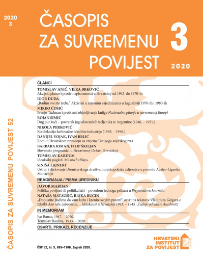 Časopis za suvremenu povijest : 52,3(2020) / glavni i odgovorni urednik, editor-in-chief Zdravka Jelaska Marijan.
