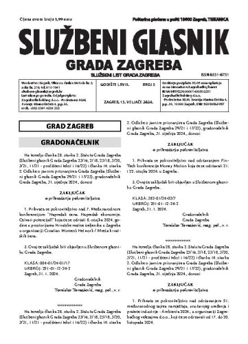 Službeni glasnik grada Zagreba : 68,5(2024)  / glavna urednica Mirjana Lichtner Kristić.