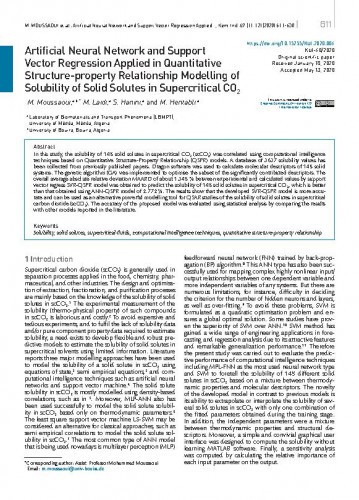 Artificial neural network and support vector regression applied in quantitative structure-property relationship modelling of solubility of solid solutes in supercritical CO2 / Mohammed Moussaoui, Maamar Laidi, Salah Hanini, Mohamed Hentabli.