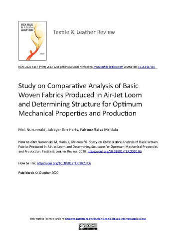 Study on comparative analysis of basic woven fabrics produced in air-jet loom and determining structure for optimum mechanical properties and production / Md. Nurunnabi, Jubayer Ibn Haris, Fairooz Raisa Mridula.