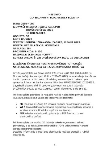 Hrvatski savez slijepih info : 30,6(2023)  / urednica Jasminka Horvat