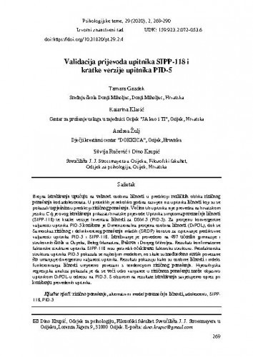 Validacija prijevoda upitnika SIPP-118 i kratke verzije upitnika PID-5 /  Tamara Gazdek, Katarina Klasić, Andrea Žulj, Silvija Ručević, Dino Krupić.
