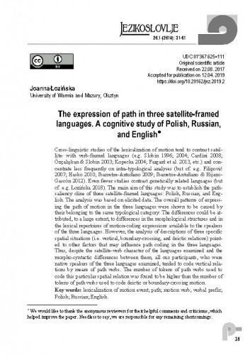 The expression of path in three satellite-framed languages : a cognitive study of Polish, Russian, and English / Joanna Łozińska.