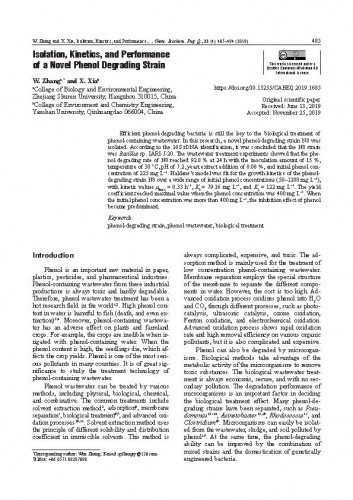 Isolation, kinetics, and performance of a novel phenol degrading strain / Wen Zhang, X. Xia.