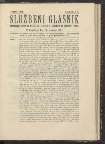 Službeni glasnik pokrajinske uprave za Hrvatsku i Slavoniju, odjeljenja za prosvjetu i vjere: 3,4(1924)