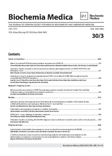 Biochemia medica : the journal of Croatian Society for Medical Biochemistry and Laboratory Medicine : 30,3(2020) / glavna i odgovorna urednica Daria Pašalić.
