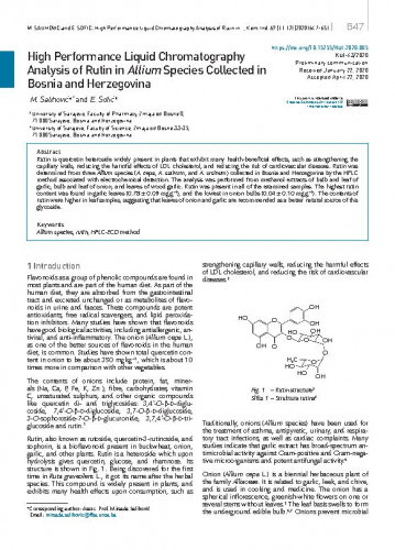 High performance liquid chromatographic analysis of rutin in Allium species from Bosnia and Herzegovina / Mirsada Salihović, Emin Sofić.