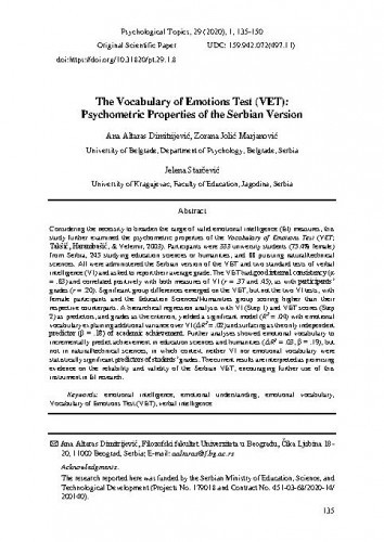 The Vocabulary of Emotions Test (VET) : psychometric properties of the Serbian version / Ana Altaras Dimitrijević, Zorana Jolić Marjanović, Jelena Starčević.