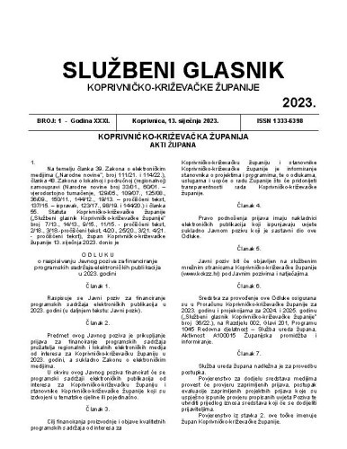 Službeni glasnik Koprivničko-križevačke županije : 31,1 (2023)  / glavni i odgovorni urednik Ljubica Belobrk Flamaceta.