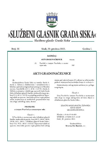 Službeni glasnik Grada Siska  : službeno glasilo Grada Siska : 1,26(2022) / uredništvo Gordana Karapandža Prica ... [et al.].