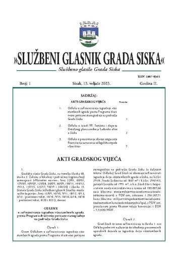 Službeni glasnik Grada Siska  : službeno glasilo Grada Siska : 2,1(2023) / uredništvo Gordana Karapandža Prica ... [et al.].