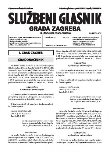 Službeni glasnik grada Zagreba : 65, 13(2021) / glavna urednica Mirjana Lichtner Kristić.