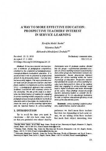 A way to more effective education : prospective teachers' interest in service-learning / Koraljka Modić Stanke, Valentina Ružić, Aleksandra Mindoljević Drakulić.