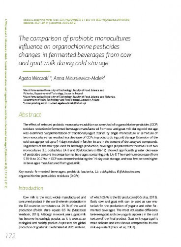 The comparison of probiotic monocultures influence on organochlorine pesticides changes in fermented beverages from cow and goat milk during cold storage / Agata Agata Witczak, Anna Mituniewicz-Małek.