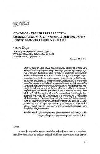 Odnos glazbenih preferencija srednjoškolaca, glazbenog obrazovanja i sociodemografskih varijabli / Tihana Škojo.