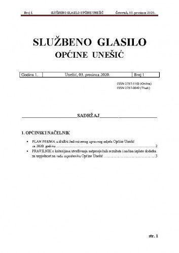 Službeno glasilo Općine Unešić : 1,1(2020) / glavni urednik Ankica Slavica.