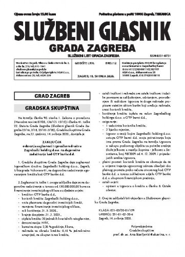 Službeni glasnik grada Zagreba : 64,12(2020) / glavna urednica Mirjana Lichtner Kristić.