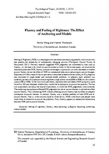 Fluency and feeling of rightness : the effect of anchoring and models / Selina Wang, Valerie Thompson.