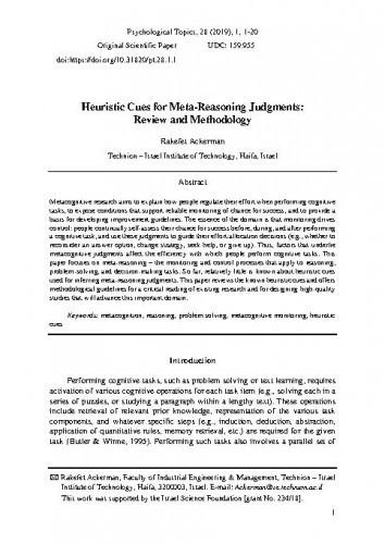 Heuristic cues for meta-reasoning judgments : review and methodology / Rakefet Ackerman.