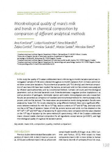 Microbiological quality of mare's milk and trends in chemical composition by comparison of different analytical methods / Ana Končurat, Lidija Kozačinski, Nina Bilandžić, Željka Cvrtila, Tomislav Sukalić, Marija Sedak, Miroslav Benić.