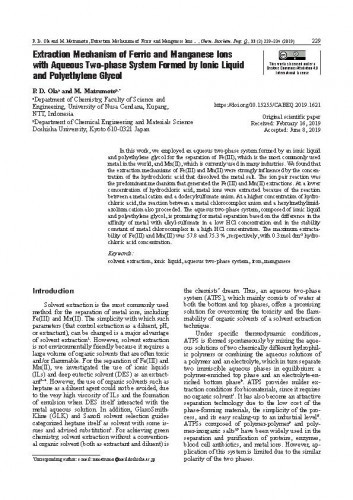 Extraction mechanism of ferric and manganese ions with aqueous two-phase system formed by ionic liquid and polyethylene glycol / Pius Dore Ola, M. Matsumoto.