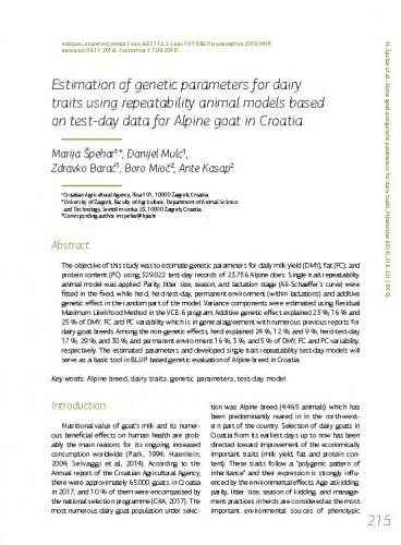 Estimation of genetic parameters for dairy traits using repeatability animal models based on test-day data for Alpine goat in Croatia / Marija Špehar, Danijel Mulc, Zdravko Barać, Boro Mioč, Ante Kasap.