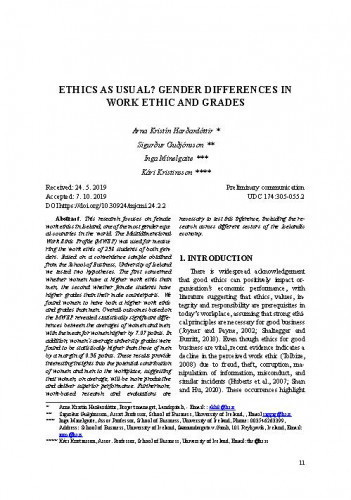Ethics as usual? : Gender differences in work ethic and grades / Arna Kristín Harðardóttir, Sigurður Guðjónsson, Inga Minelgaite, Kári Kristinsson.