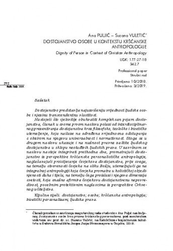 Dostojanstvo osobe u kontekstu kršćanske antropologije = Dignity of person in context of Christian anthropology / Ana Puljić, Suzana Vuletić.