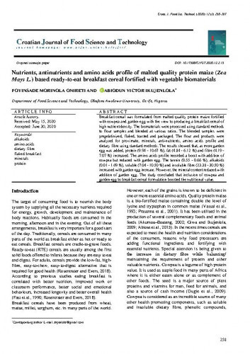 Nutrients, antinutrients and amino acids profile of malted quality protein maize (Zea Mays L.) based ready-to-eat breakfast cereal fortified with vegetable biomaterials / Foyinsade Morinola Onireti, Abiodun Victor Ikujenlola.