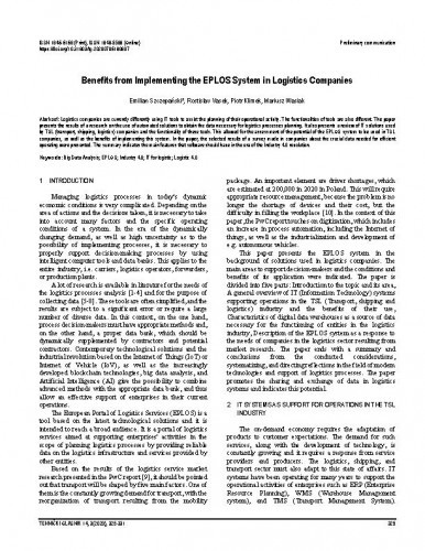 Benefits from implementing the EPLOS system in logistics companies / Emilian Szczepański, Rostislav Vasek, Piotr Klimek, Mariusz Wasiak.