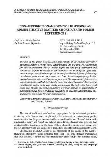 Non-jurisdictional forms of disposing an administrative matter : croatian and polish experiences / Dario Đerđa, Joanna Wegner.