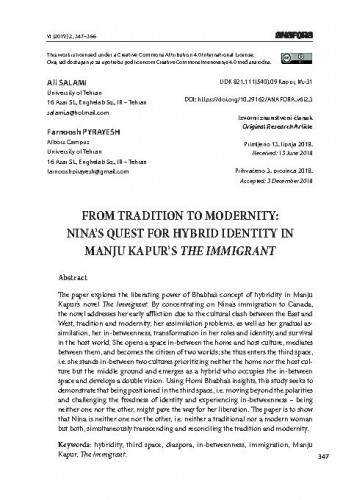 From tradition to modernity : Nina’s quest for hybrid identity in Manju Kapur’s The Immigrant / Ali Salami, Farnoosh Pirayesh.