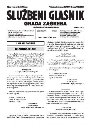 Službeni glasnik grada Zagreba : 64,1(2020) / glavna urednica Mirjana Lichtner Kristić.