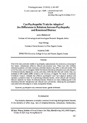 Can psychopathic traits be adaptive? Sex differences in relations between psychopathy and emotional distress / Janko Međedović, Anja Wertag, Katarina Sokić.