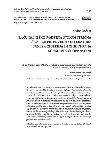 Računalniško podprta stilometrična analiza pripovedne literature Janeza Ciglerja in Christopha Schmida v slovenščini / Andrejka Žejn.