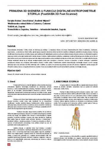 Primjena 3D skenera u funkciji digitalne antropometrije stopala : (FootSABA 3D Foot Scanner) / Sarajko Baksa, Ines Baksa, Budimir Mijović.