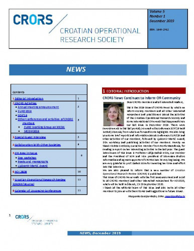 Croatian operational research society news : 5,1(2019) / editor Margareta Gardijan Kedžo.