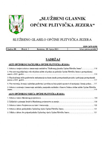 Službeni glasnik Općine Plitvička Jezera : službeno glasilo Općine Plitvička Jezera : 3,6(2021) / glavni i odgovorni urednik Marija Vlašić.
