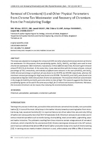 Removal of chromium(III) and other physical parameters from chrome tan wastewater and recovery of chromium from the precipitating sludge / Md. Minhaz Uddin, Jawad Hasan, Md. Didarul Islam, Ashiqur Rahaman, Sayed Md. Shamsuddin.
