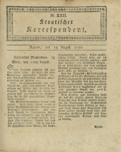 Kroatischer Korrespondent : 1,22(1789)   / [Johann Thomas].