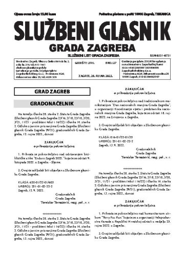 Službeni glasnik grada Zagreba : 66,27(2022) /  glavna urednica Mirjana Lichtner Kristić.