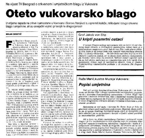 Oteto vukovarsko blago   : na vijest TV Beograd o crkvenom i umjetničkom blagu iz Vukovara / / Milan Sigetić
