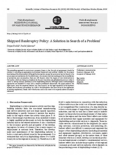 Shipyard bankruptcy policy : a solution in search of a problem / Dejan Bodul, Pavle Jakovac.