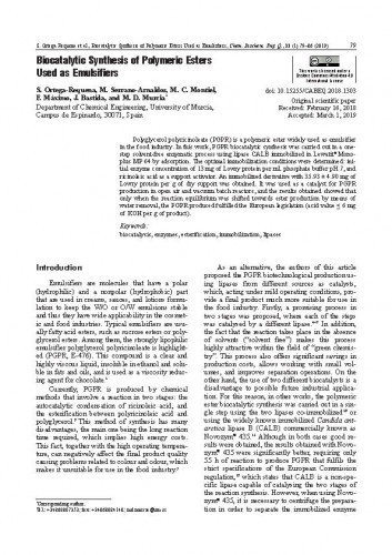 Biocatalytic synthesis of polymeric esters used as emulsifiers / S. Ortega-Requena, M. Serrano-Arnaldos, M. C. Montiel, F. Máximo, J. Bastida, M. D. Murcia.