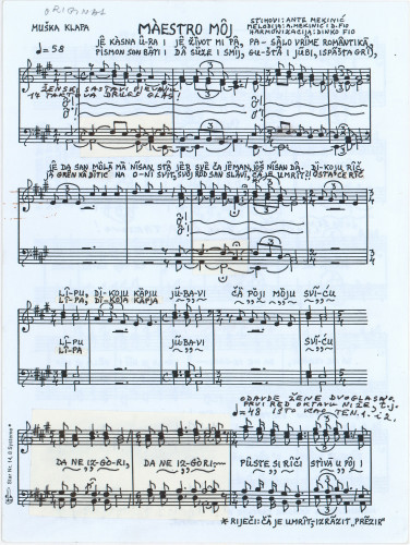 Maestro moj : muška klapa / harmonizacija Dinko Fio ; melodija A. Mekinić i D. Fio ; stihovi Ante Mekinić.